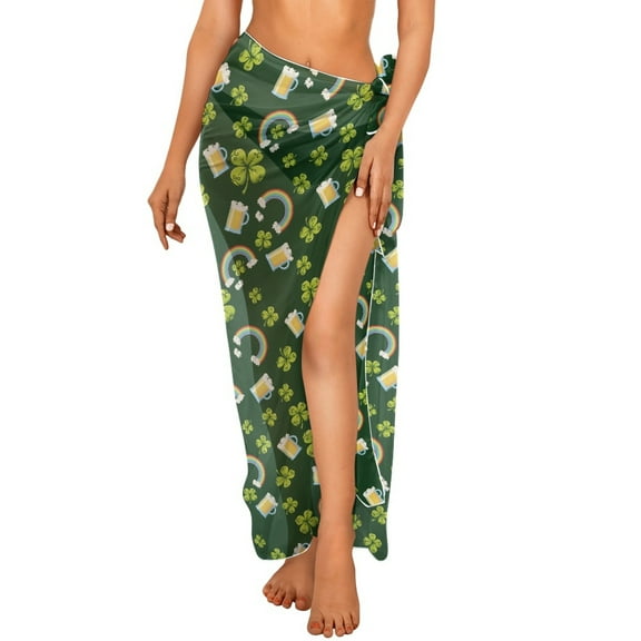 FKELYI St.Patrick's Day Shamrock Rainbow Print Sarong Cover Up for Women Swimwear Cover-Up Chiffon Fabric Beach Coverup Soft Swimsuit Pareo Long Beach Wraps for Lady Summer