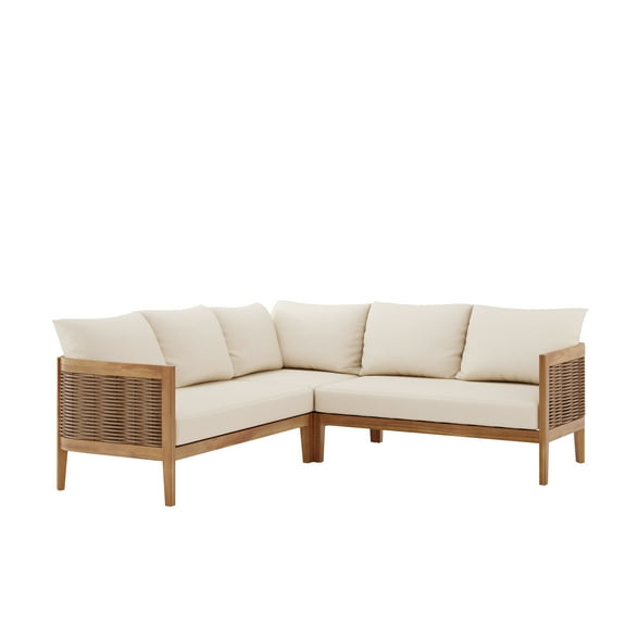 GDF Studio The Crowne Collection Outdoor Acacia Wood and Round Wicker 5 Seater Sectional Sofa Set with Cushions, Teak, Mixed Brown, and Beige