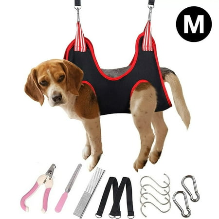 Oneisall Dog Grooming Hammock Harness for Pet Nail Trimming  Breathable Pet Grooming Sling Restraint Bag  Dog Grooming Hammock Helper - Black Red M