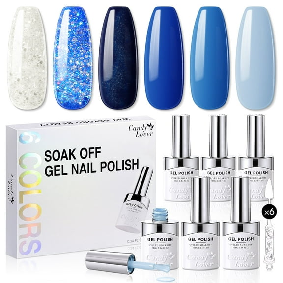 Candy Lover Gel Nail Polish, 6 Colors Glitter Blue Series UV Gel Polish Set, Soak Off Nail Polish Gel for Women Girls DIY Salon Nail Art