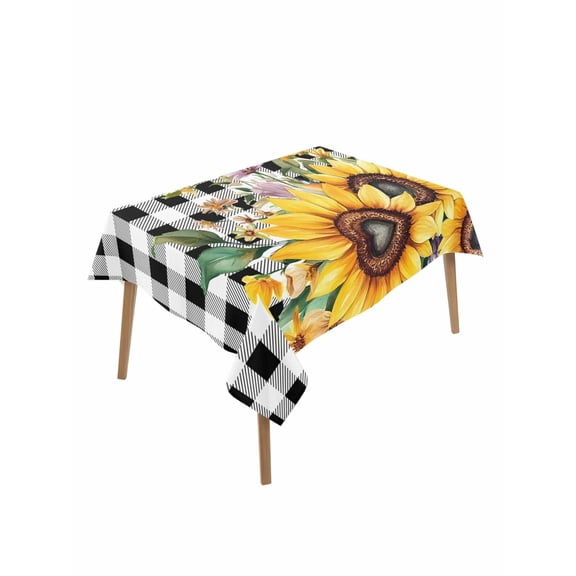 Sunflower Plaid Table Cloth, Black White Checkered Yellow Floral Waterproof Tablecloth for Rectangle Tables, Reusable Washable Fabric Table Cover for Restaurant Kitchen Dining Tables 60"x102"