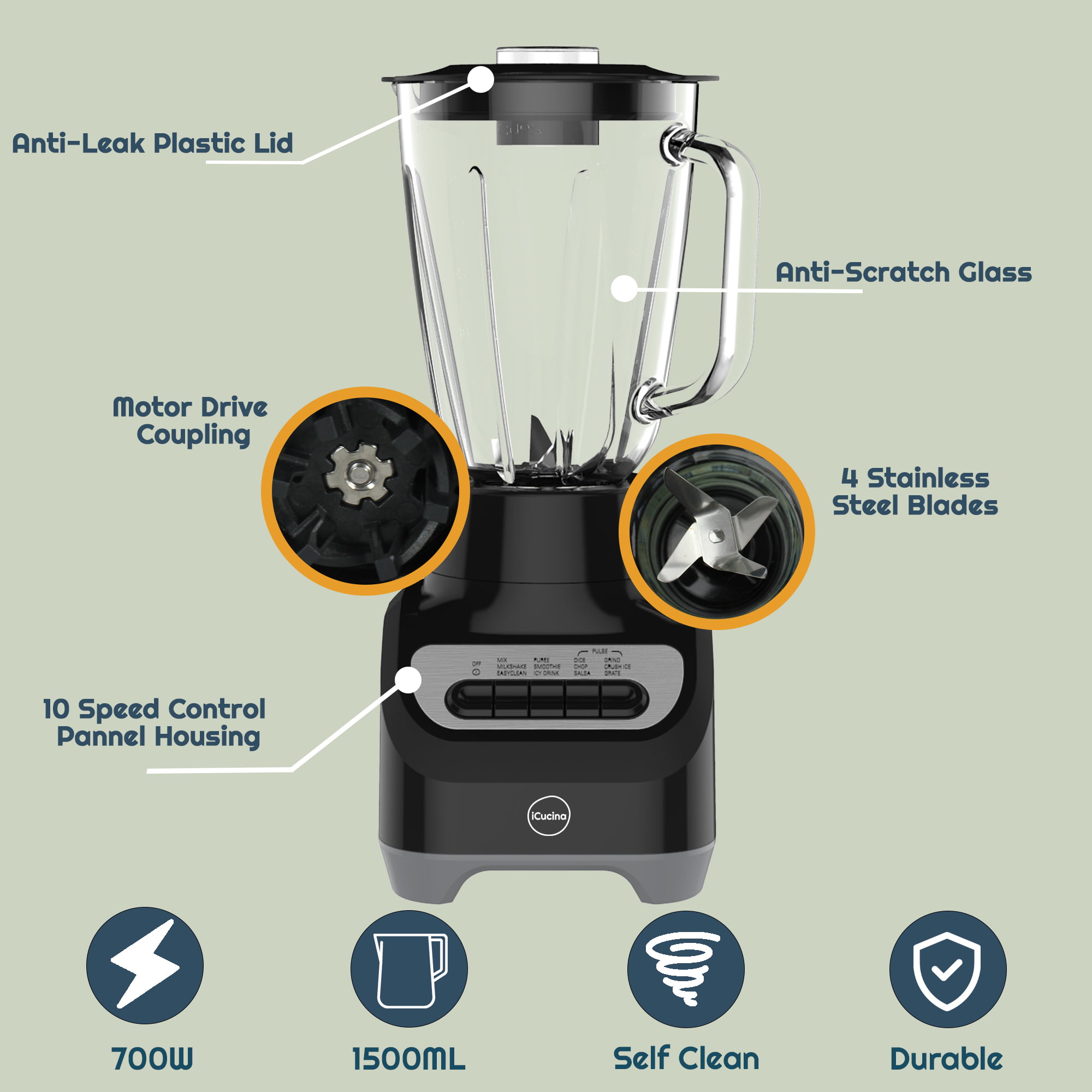 Countertop Blender, JUSANTE 1000W Professional Kitchen Blender for Shakes  and Smoothies High Speed Ice Blender Frozen Drinks 48 OZ Glass jar