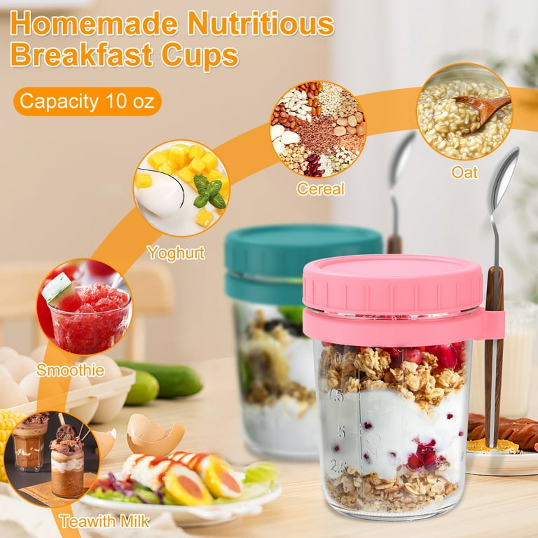 4PCS Overnight Oats Containers With Lids And Spoons 16 Oz Glass+Plastic For  Overnight Oats