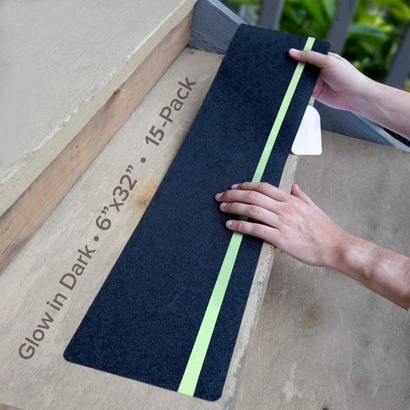 Non Slip Outdoor Stair Treads 80 Gritz, Adhesive Grip Tape, Glow in Dark, Peel and Stick Stair Treads, 6" x 32", 15 Pack