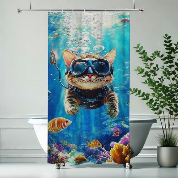 RKSupls Waterproof Shower Curtain, Scuba Diving Cat Underwater Ocean Fish Coral Polyester Shower Curtain with Hooks for Chic Elegant Home Bathtub Bathroom Decor Washable