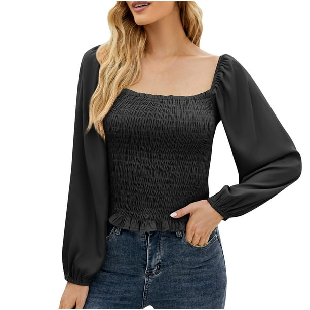 Mujeres moda Casual cuello cuadrado Color sólido manga larga suelta camiseta blusa Tops Fridja bvmnju2884
