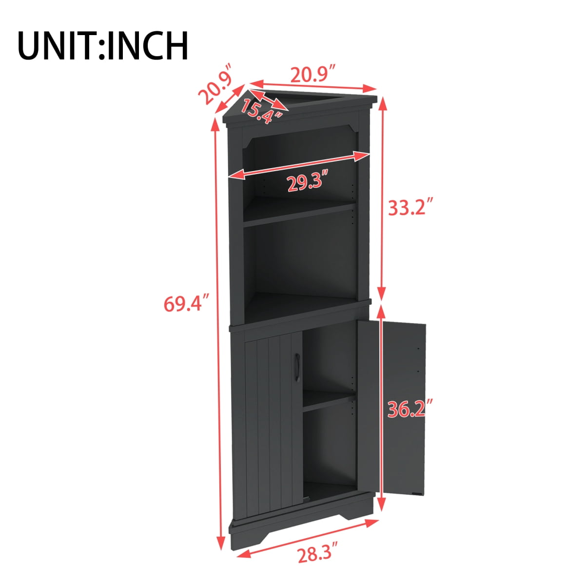 Tall Corner Cabinet with Doors for Living Room, 69.4" Storage Cabinet with Open Shelves, Space-Saving Corner Storage for Bathroom Dining Room Kitchen, Black