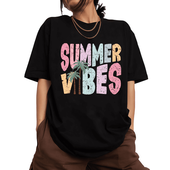 Distressed Summer Vibes Palms Print Tshirt Black S-5XL Retro Summer Graphic Tees Shirts Tops