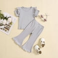 thumbnail image 2 of Zwiiyzr 1-5T Toddler Baby Girl Summer Clothes Set Crewneck Ruffle Knit Ribbed Short Sleeves T-Shirts Tops Flared Pants 2Pcs Outfits Gray, 2 of 8
