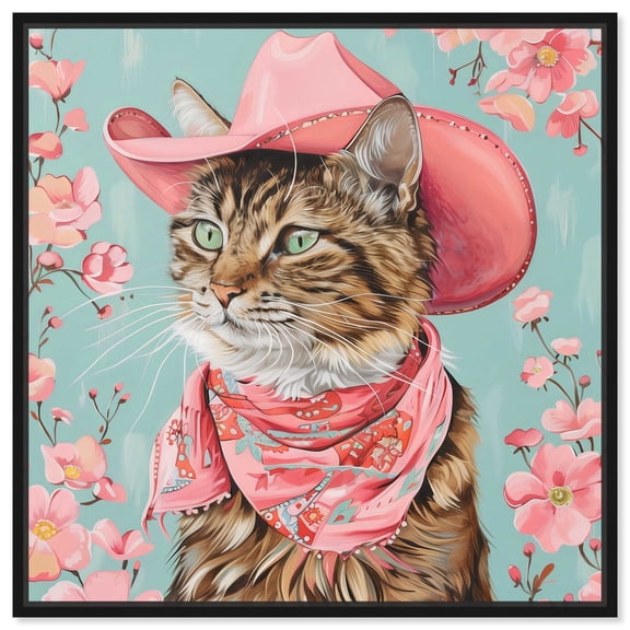Pink Cowboy Cat Canvas Trendy Animal Art by Art Remedy, Black Frame, 12" x 12"