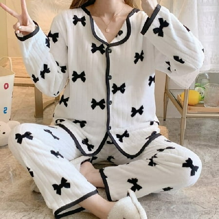 

PIKADINGNIS New Autumn Winter Warm Flannel Women Pyjamas Sets Thick Coral Velvet Long Sleeve Cartoon Sleepwear Thin Flannel Pajamas Set