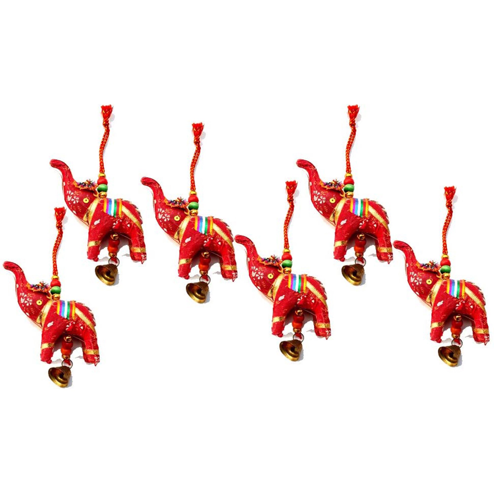 Rastogi Handicrafts Elephant Bell Hanging Set of 6 Home Decorative Ornaments Multicolor Indian 110 Gram (Red)