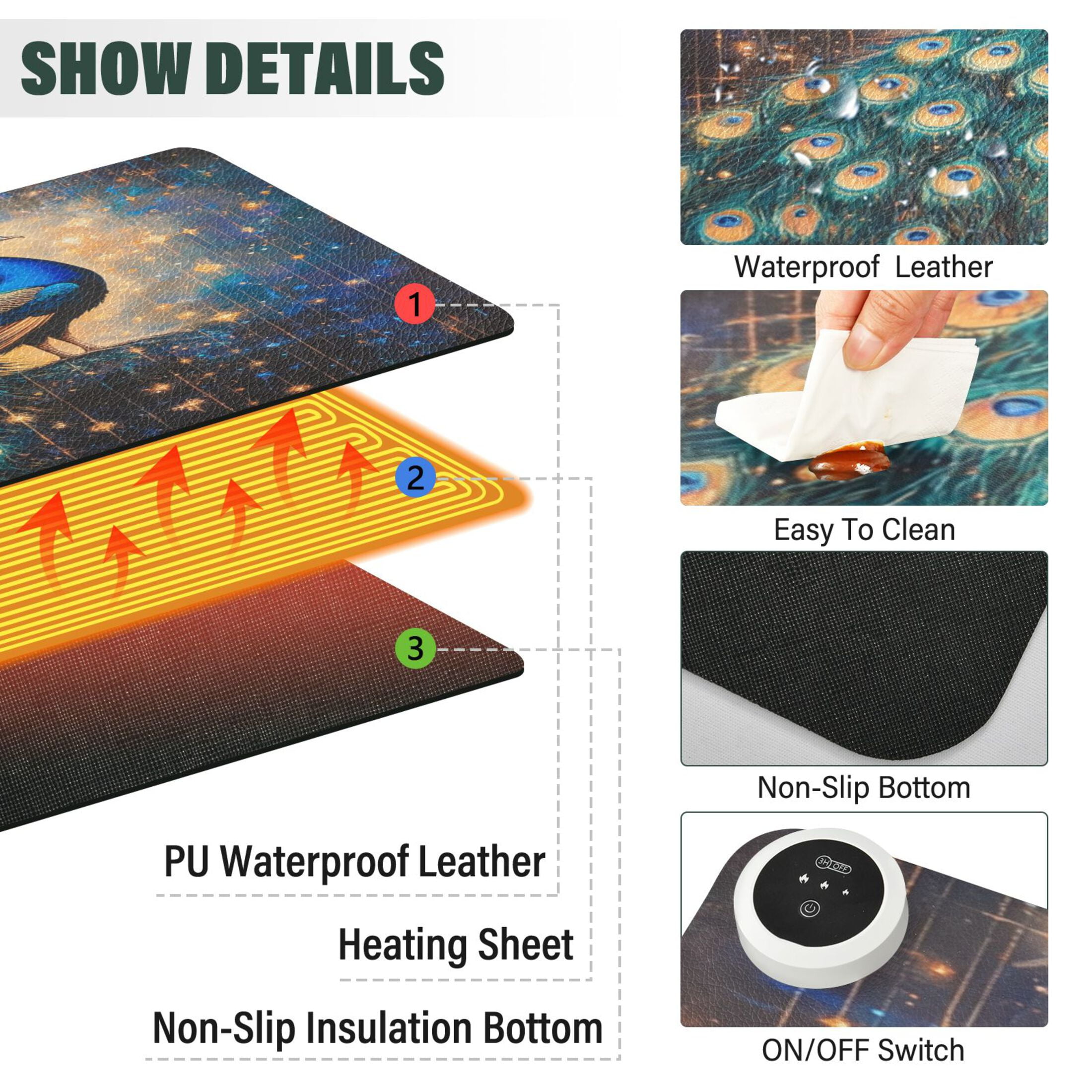 Wobogo Starry Peacock Heated Mouse Pad Extra-Large Desk Mat With 3 Heating Levels and 3-hour Auto Shut-Off Protection Ideal for Computer Keyboards Home Office Hand-warming Essential 31.5in × 13in