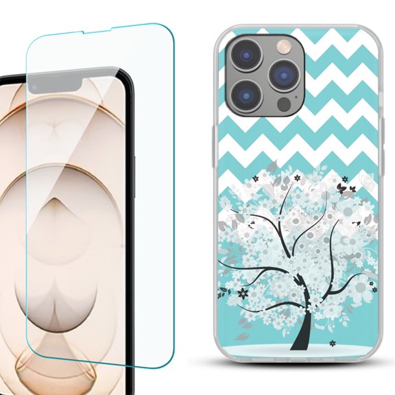 OneToughShield ® for iPhone 15 Pro Max Shockproof Fashion Phone Case, with Tempered Glass Screen Protector - Chevron/Tree