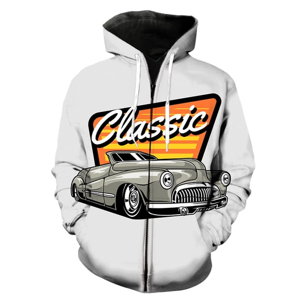 Sudadera con capucha y cremallera para hombre con diseño de coche clásico de dibujos animados, estampado 3D, unisex, informal, divertida, para primavera, ropa de calle, manga larga extragrande