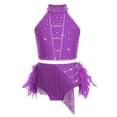 thumbnail image 2 of TiaoBug Kids Girls Dance Outfit 2-Piece Rhinestones Crop Top and Feather Tassel Skirt Latin Jazz Dancewear Purple 16, 2 of 6