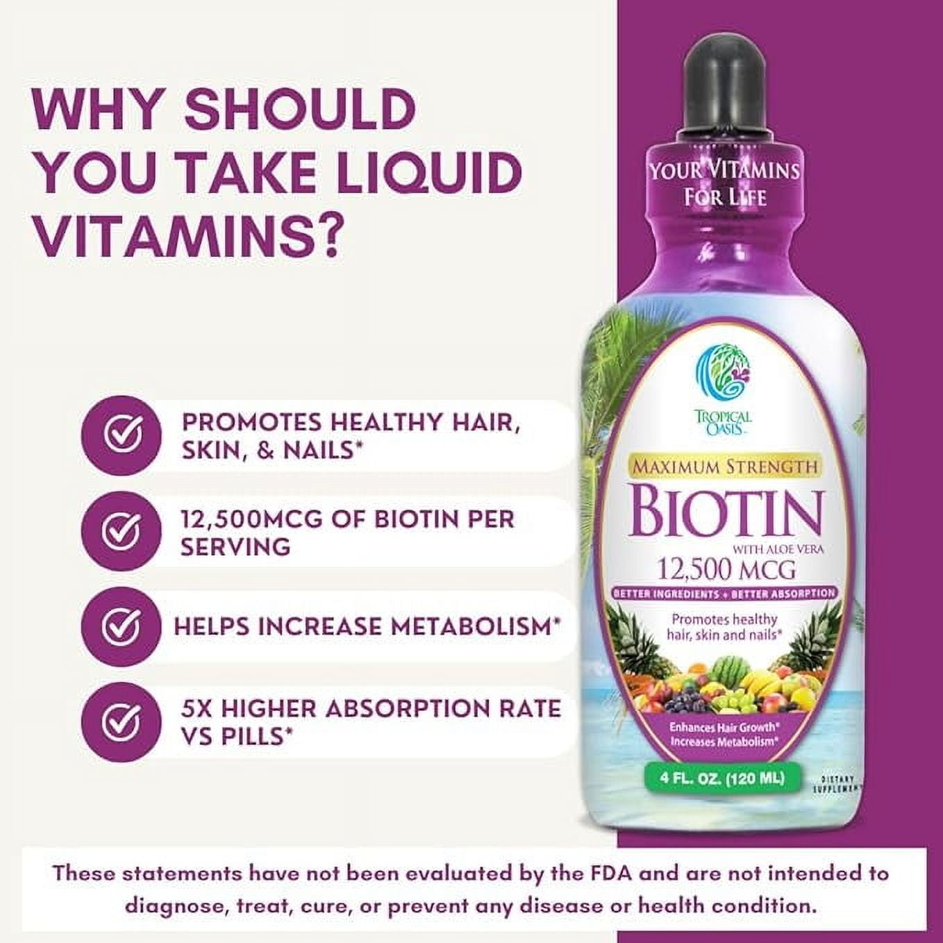 Tropical Oasis - Maximum Strength Biotin with Aloe Vera | Liquid Vitamin Supplement - Promotes Healthy Hair, Skin, & Nails - Increases Metabolism | Tropical Fruit, 4 fl oz, 30 Servings