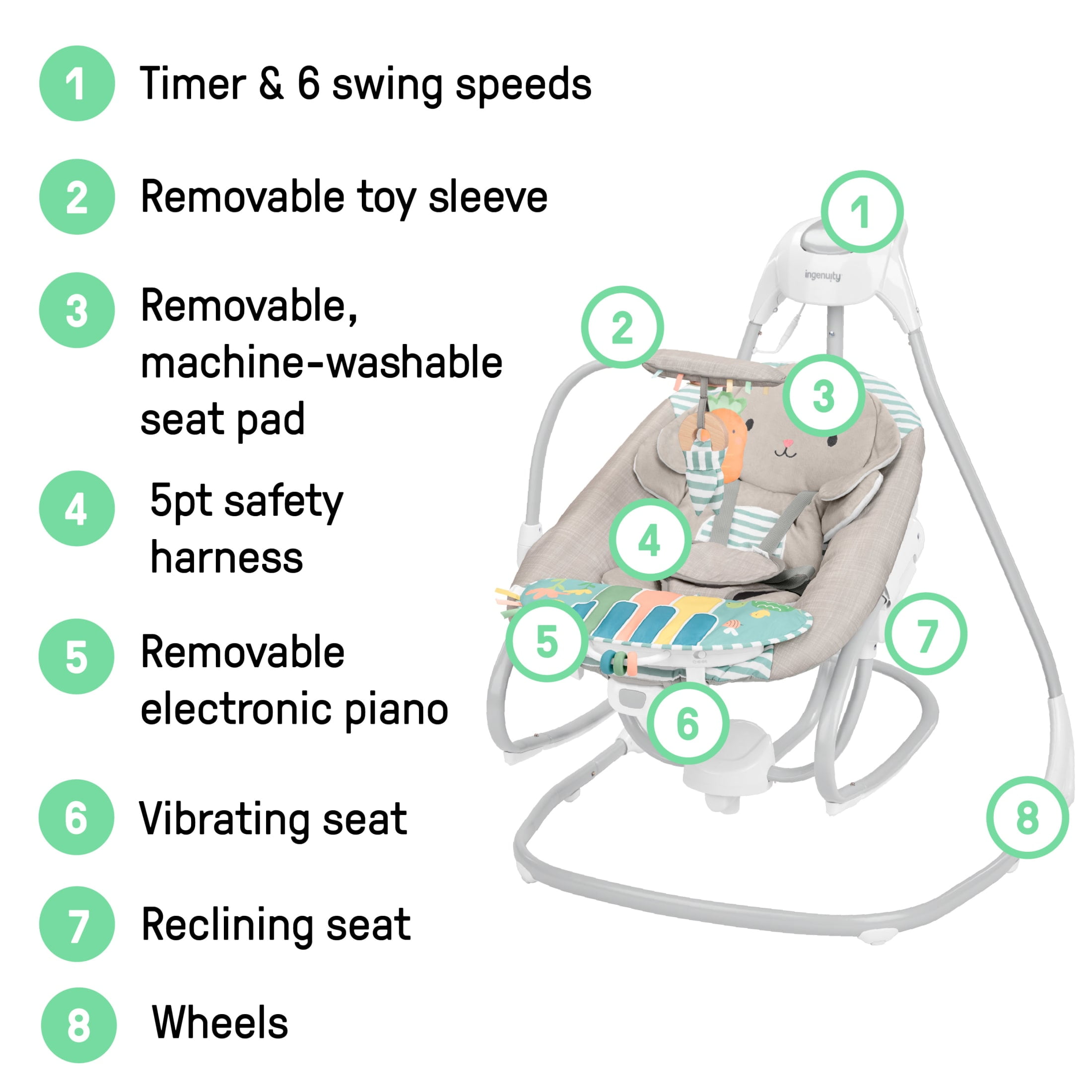 Ingenuity Simple Comfort Piano Playtime 4-in-1 Baby Swing & Rocker, Infants Ages 0-24 Months