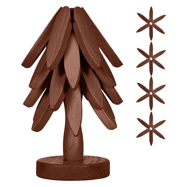 Walnut Wood Trivet Set with Stand, Tree Shaped Heat Resistant Pot Holders for Kitchen, 3 Coasters and Display Stand for Hot Dishes, Handcrafted Tabletop Protection