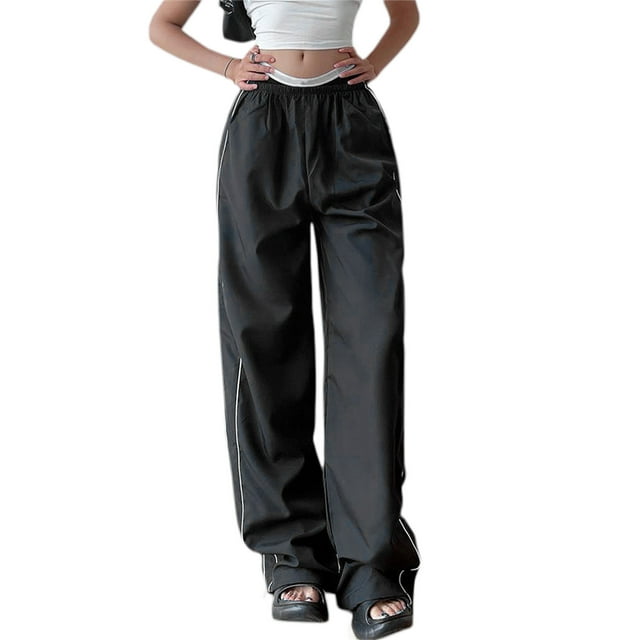 FortuneWomen Cargo Pants Solid Color Elastic Waist Wide Leg Joggers Trousers