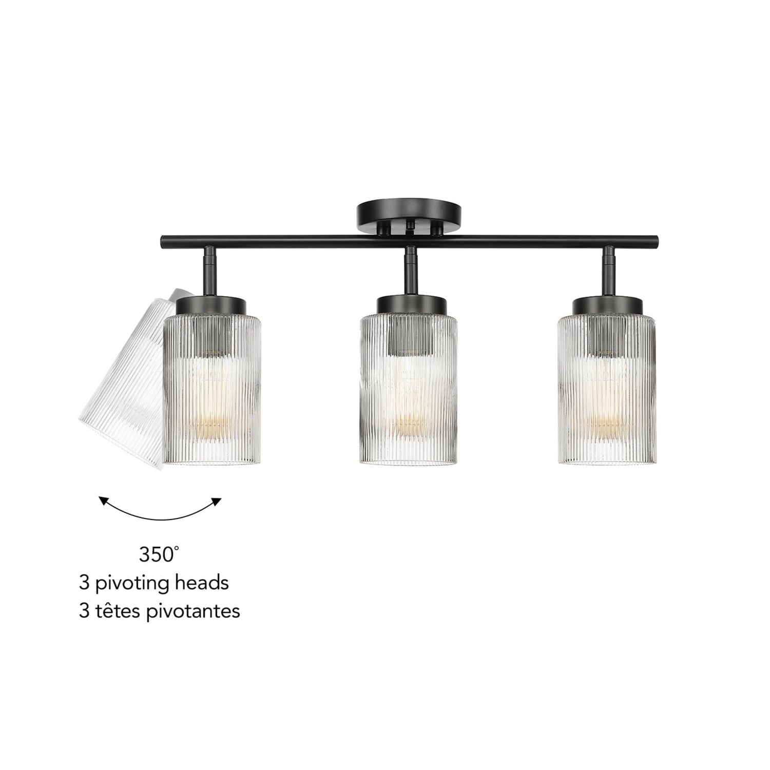 3-Light Matte Black Track Lighting with Ribbed Glass Shades and Pivoting Track Heads