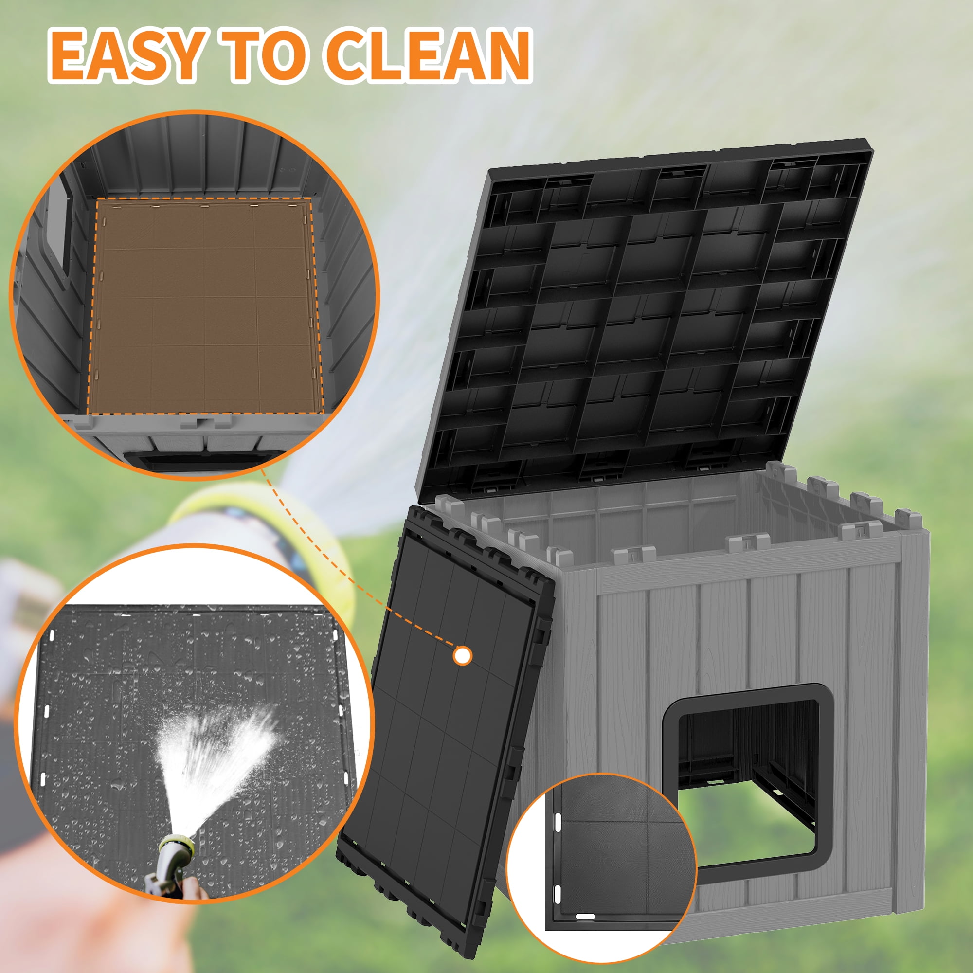 LHBcraft Outdoor Cat House,Durable Insulated PP Shelter for Feral Kittens,Weatherproof Shelter for Garden,Gray & Black