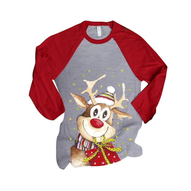 Moda mujer Navidad cuello redondo manga larga Patchwork impresión camiseta Casual blusa Tops Pompotops gfhjh4519