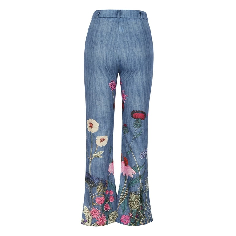 Pants for Women Women's Pants Flower Printed Pattern Loose Flared Hem Jeans Stretch  Flared Bottoms Women's Pants Blue XL 