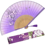 OMyTea "Grassflowers 8.27"(21cm) Hand Held Folding Fans - With a Fabric Sleeve for Protection for Gifts - Chinese/Japanese Vintage Retro Style (Purple)