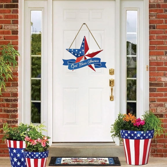 Yardvibe 4th of July Door Hanger, 10.2"x13" Patriotic Red White Blue Star Wooden Door Hanging Decoration for Independence Day 250th Anniversary, God Bless America Home Patio Wall Decor (A)