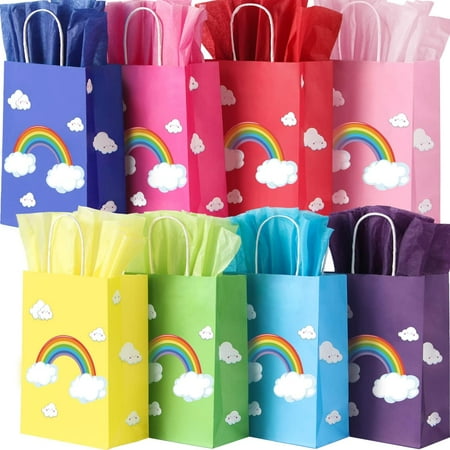 32 Pieces Gift Bags with 32 Tissues, 8 Colors Party Favor Bags with Handles, Rainbow Gift Bags for Wedding, Birthday, Party Supplies and Gifts