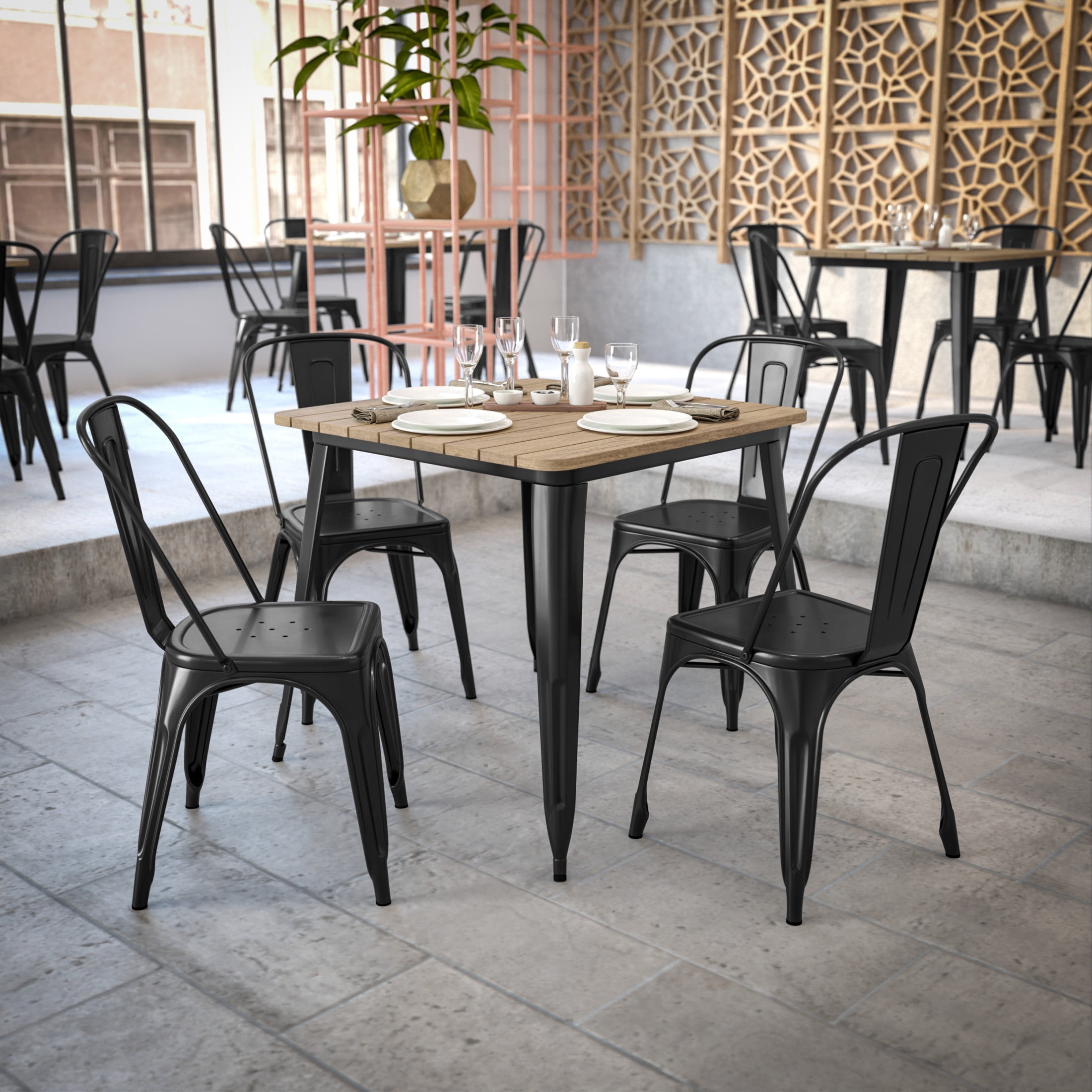 Flash Furniture Declan Commercial Grade Indoor/Outdoor Dining Table, 31.5" Square All Weather Brown Poly Resin Top with Black Steel Base