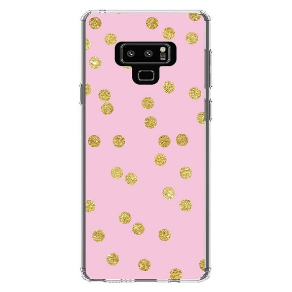 DistinctInk Clear Shockproof Hybrid Case for Samsung Galaxy Note 9 - TPU Bumper, Acrylic Back, Tempered Glass Screen Protector - Pink & Gold Print - Polka Dots Pattern