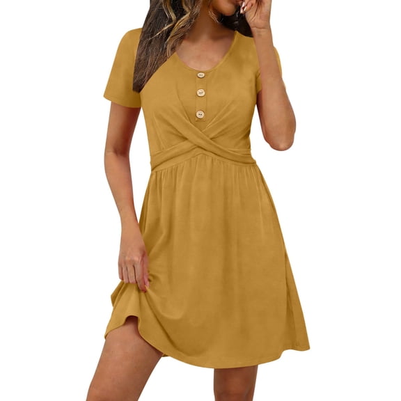 BUIGTTKLOP Womens Mini Dresses Round Neck Short Sleeve Casual Dresses A Line Pleated Summer Dress