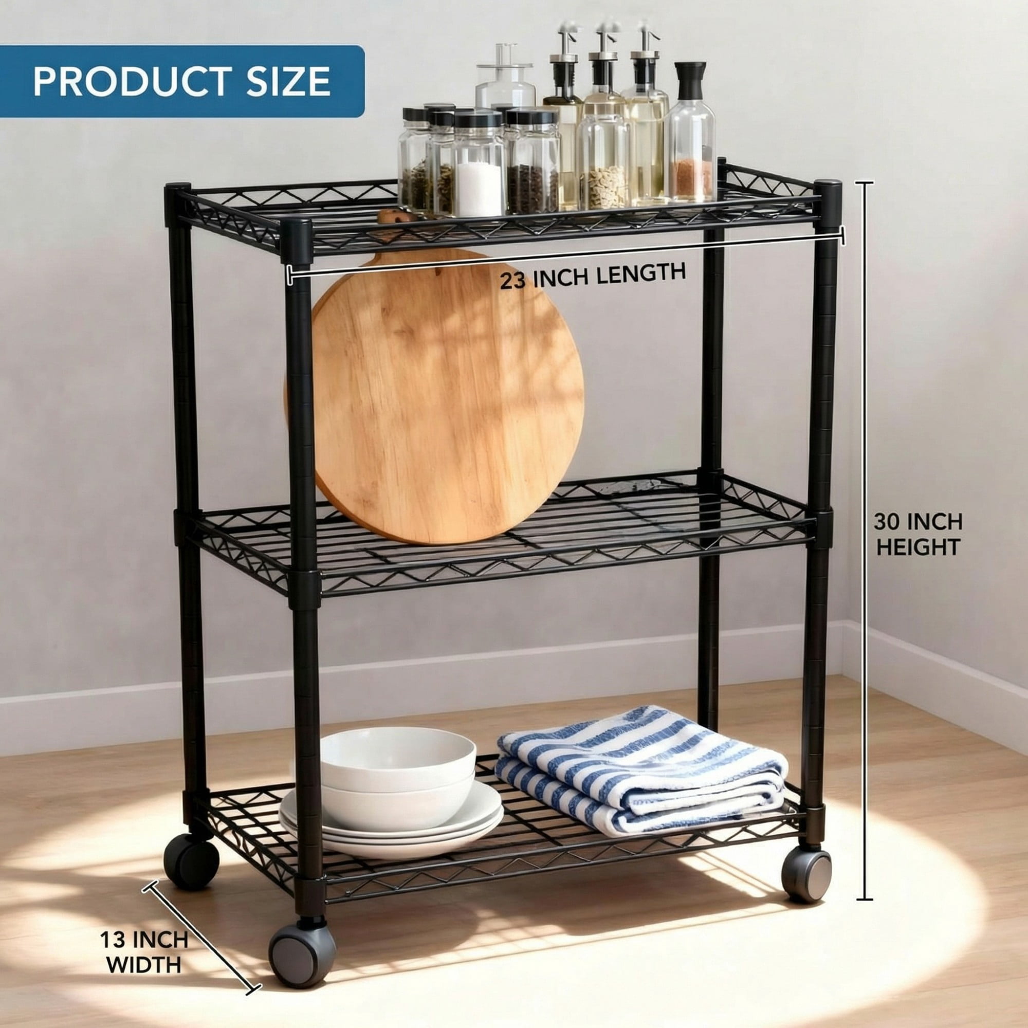 Jopath 3-Tier Shelving Storage Shelves,Steel Organizer Wire Rack with Wheels,Adjustable Storage Units,23" W x 13" D x 30" H,Black