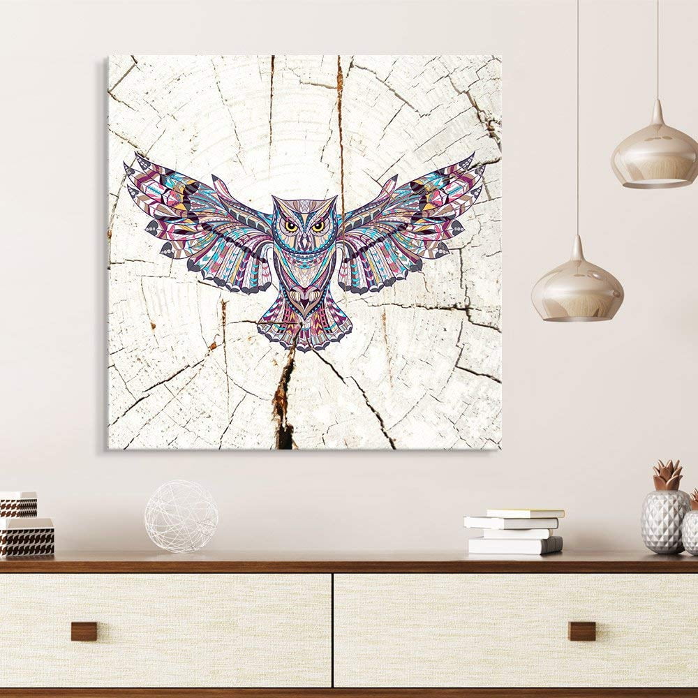 Wall26 Square Canvas Wall Art Tribal Owl Wood Effect