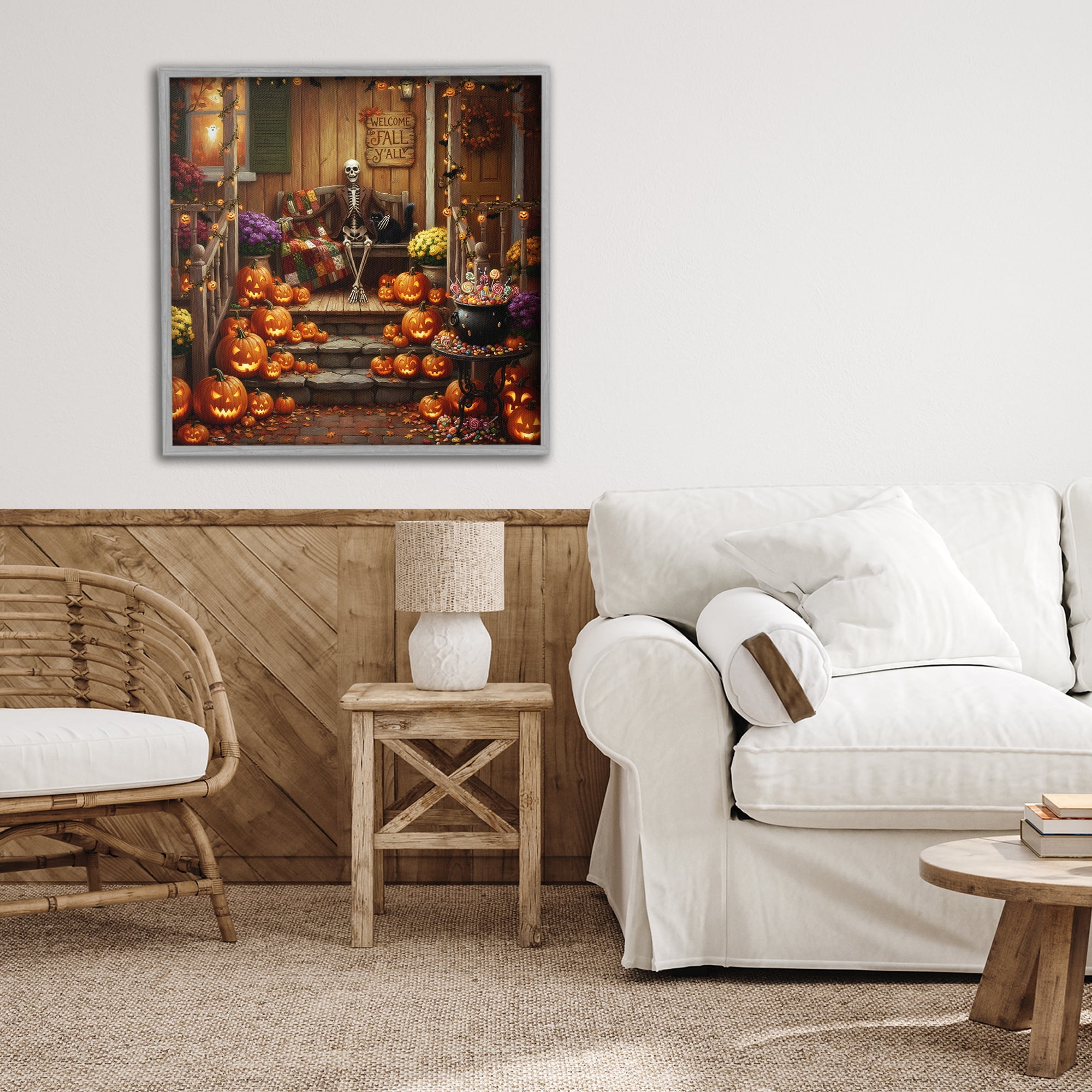 Stupell Industries Welcome To Fall Skeleton Porch Gray Framed Giclee Art, design by Tabz Jones
