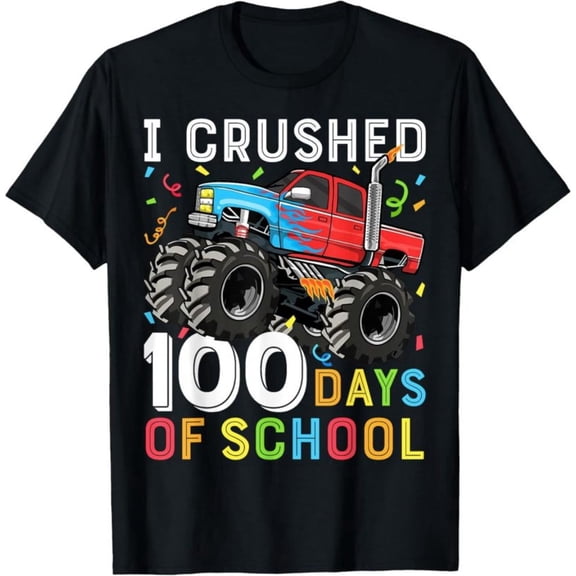 100 Days of School Monster Truck 100th Day of School Boys T-Shirt, Back To School T-Shirt for Kids, Black, 180gsm, 100% Cotton