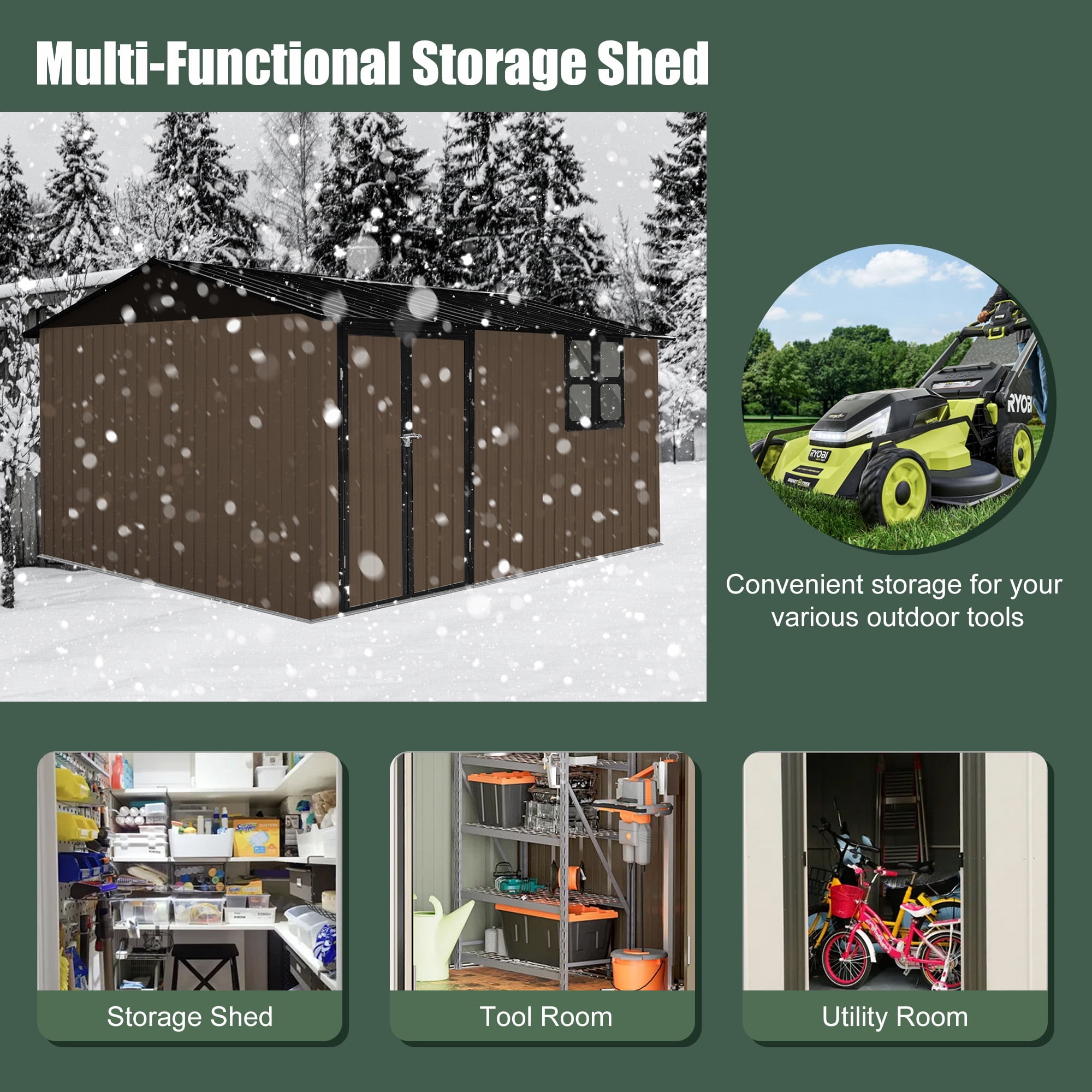 Aukfa 10 x 12FT Outdoor Storage Shed with Lockable Door, Metal Garden Tool Shed with Window & Sloped Roof for Backyard, Patio and Backyard, Brwon