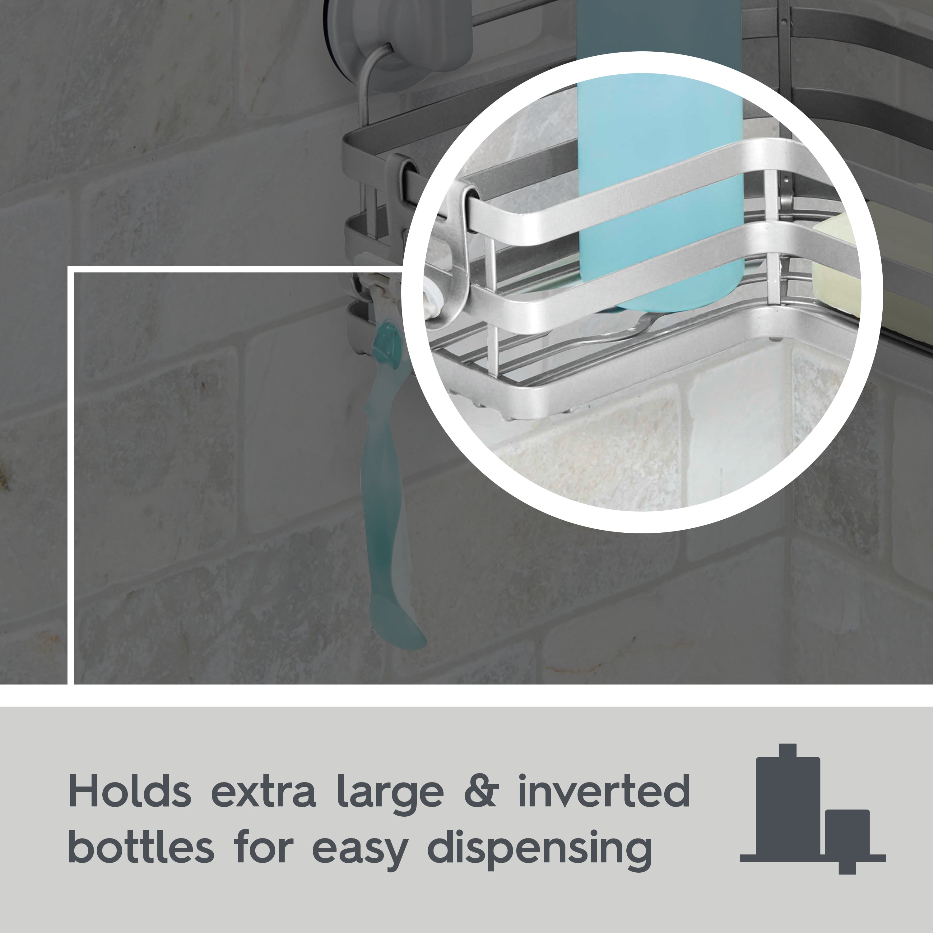 (2 pack) Better Homes & Gardens Adhesive or Suction Mount Steel Shower Corner Storage Basket, Satin Nickel