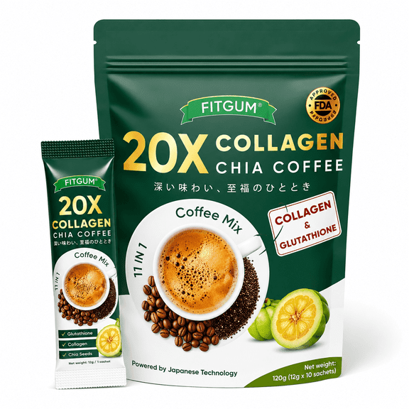 FITGUM Collagen Chia Coffee Mix with Glutathione & Chia Seeds, 10 Sachets