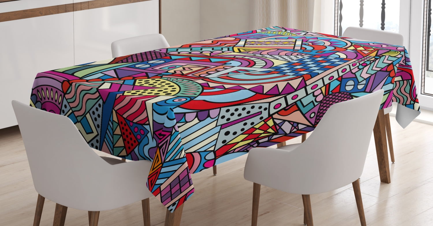 Psychedelic Tablecloth, Colorful Funky Art Theme Stained Glass Style