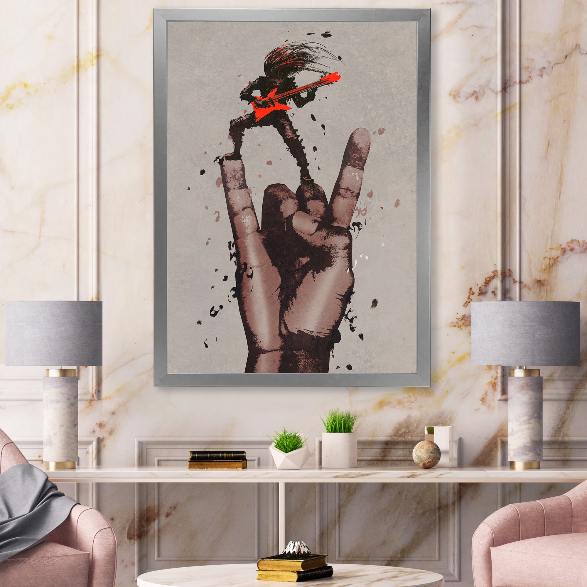 Designart 'The Guitarist On Rock and Roll Sign' Modern Framed Art Print