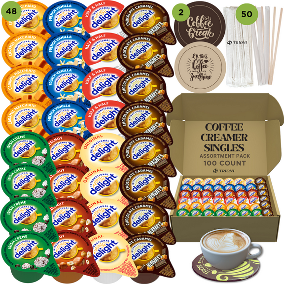 International Delight Coffee Creamer Singles, Hersheys Chocolate, Irish, and 5 more Flavors with Coasters & Stirrers - 100 total count