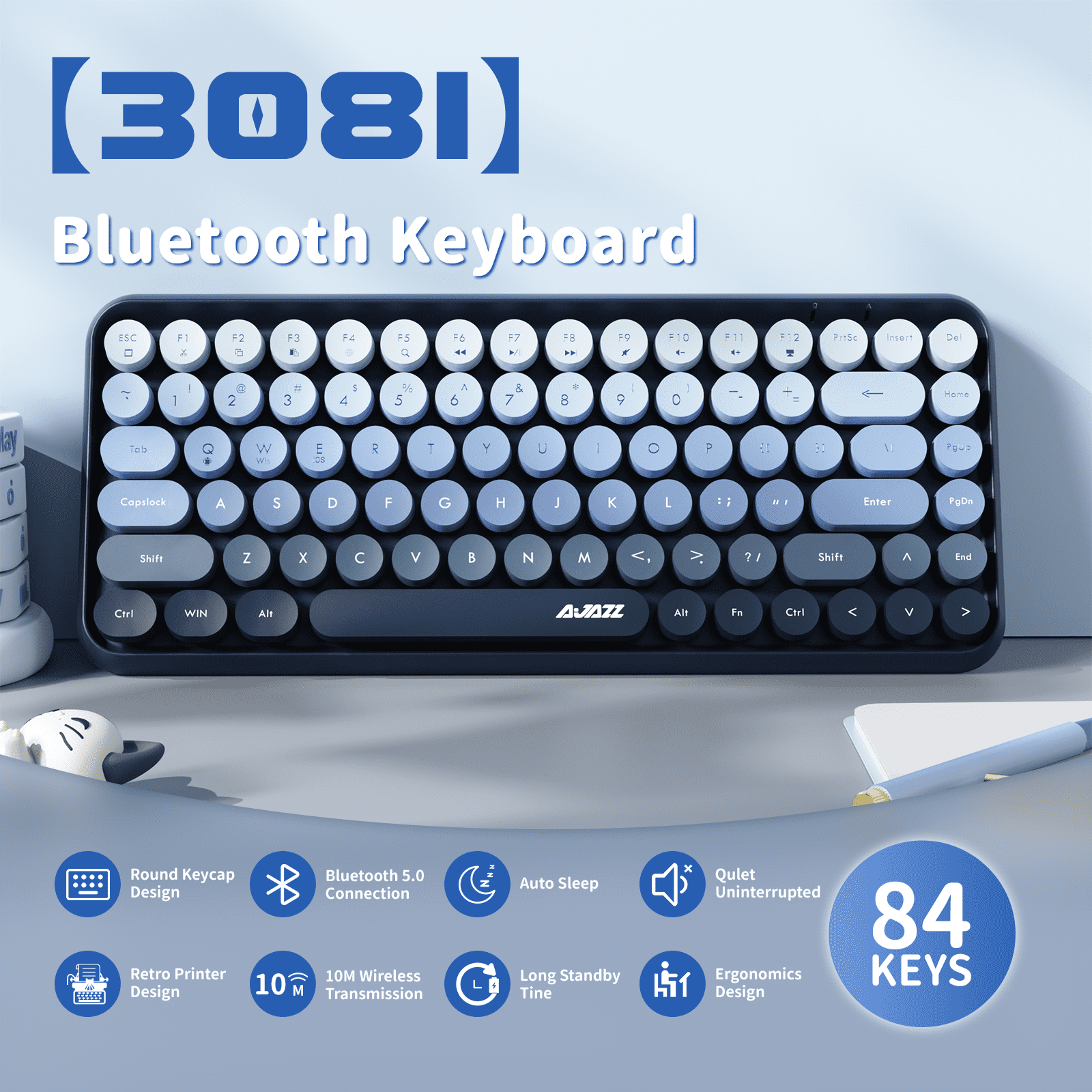Ajazz 308i Retro Wireless Bluetooth Silent Computer Keyboard with Round Punk Compact 84 Keys, Lightweight, Matte Texture for PC, Laptop - Blue