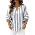 thumbnail image 2 of Women's Casual Loose Linen Striped V-Neck Three-Quarter Sleeve Ruffled Top, 2 of 8