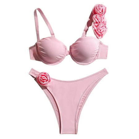 JIANJIA Womens Swimsuits Solid Color Sexy Flower Underwire Gathered Spaghetti Strap Brassiere With Thongs Swimsuit Two Piece Bikinis Swimwears Beachwear  Pink S