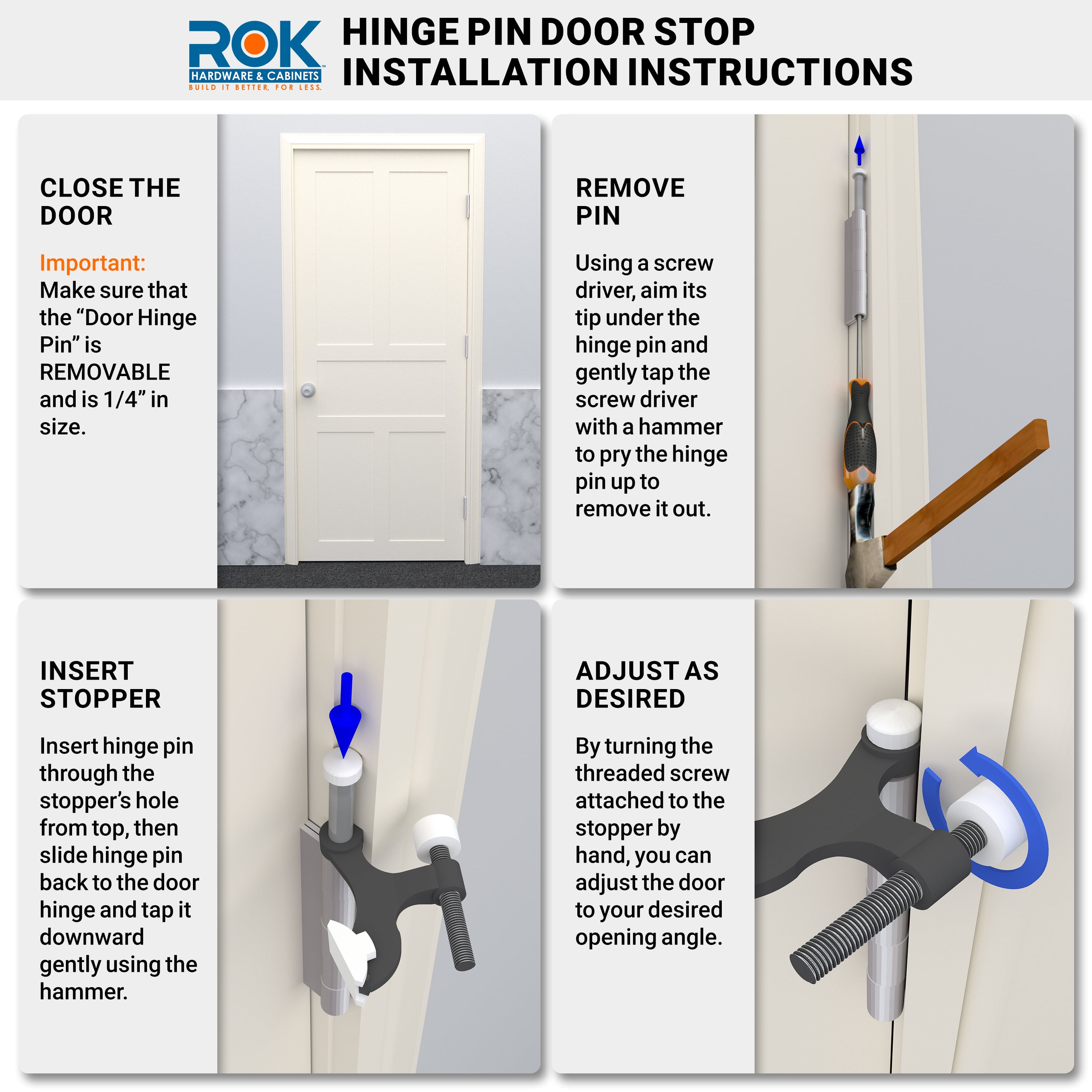 5 Pack Rok Hardware Heavy Duty Hinge Pin Door Stop, Brushed Chrome, image size:3000x3000