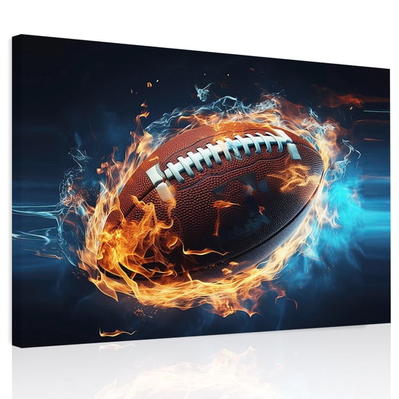Sport Football Canvas Print Wall Art, with Fire Wall Decor Modern Artwork Paintings Pictures for Living Room Framed and Stretched Ready to Hang, 12" x 16"