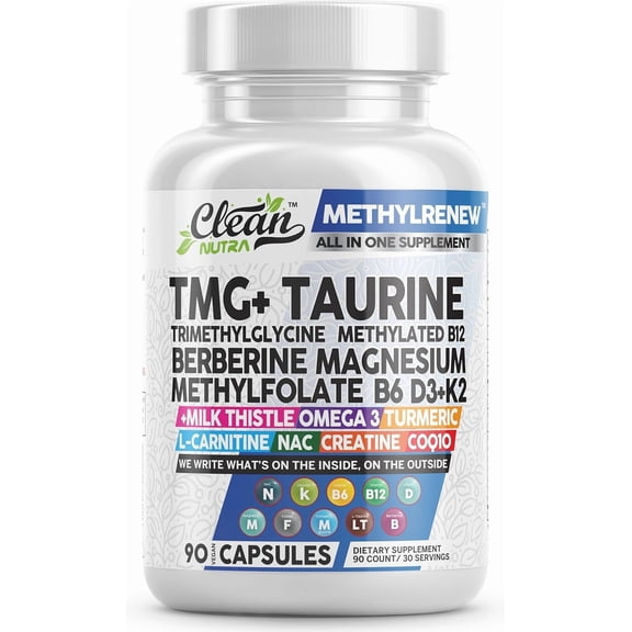 Clean Nutra TMG Supplements 1000mg | Methylated Multivitamin for Women Men | Taurine B6 Vitamins B12 D3 K2 Trimethylglycine Magnesium Methylfolate Milk Thistle NAC COQ10 B Supplement Complex Capsules